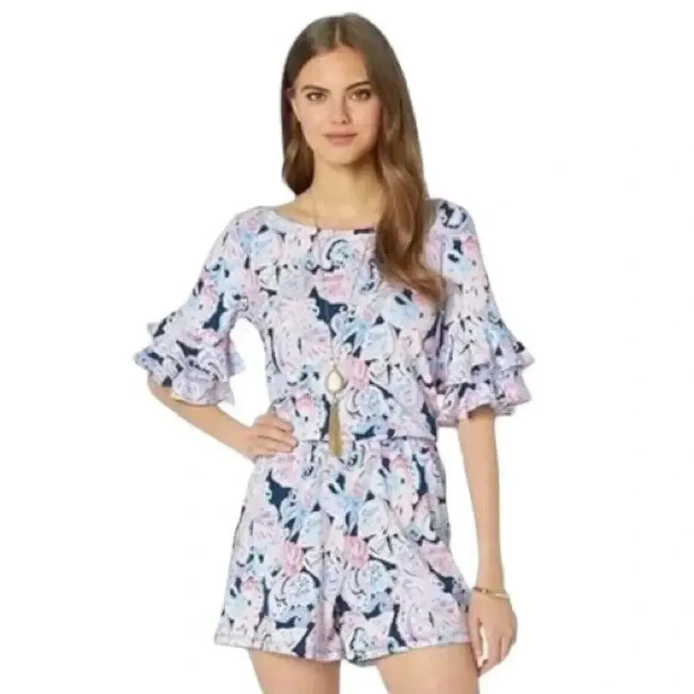 LILLY PULITZER Lula Romper Summer Shell Print One Piece Ruffle Sleeve Womens XXS - Picture 11 of 11
